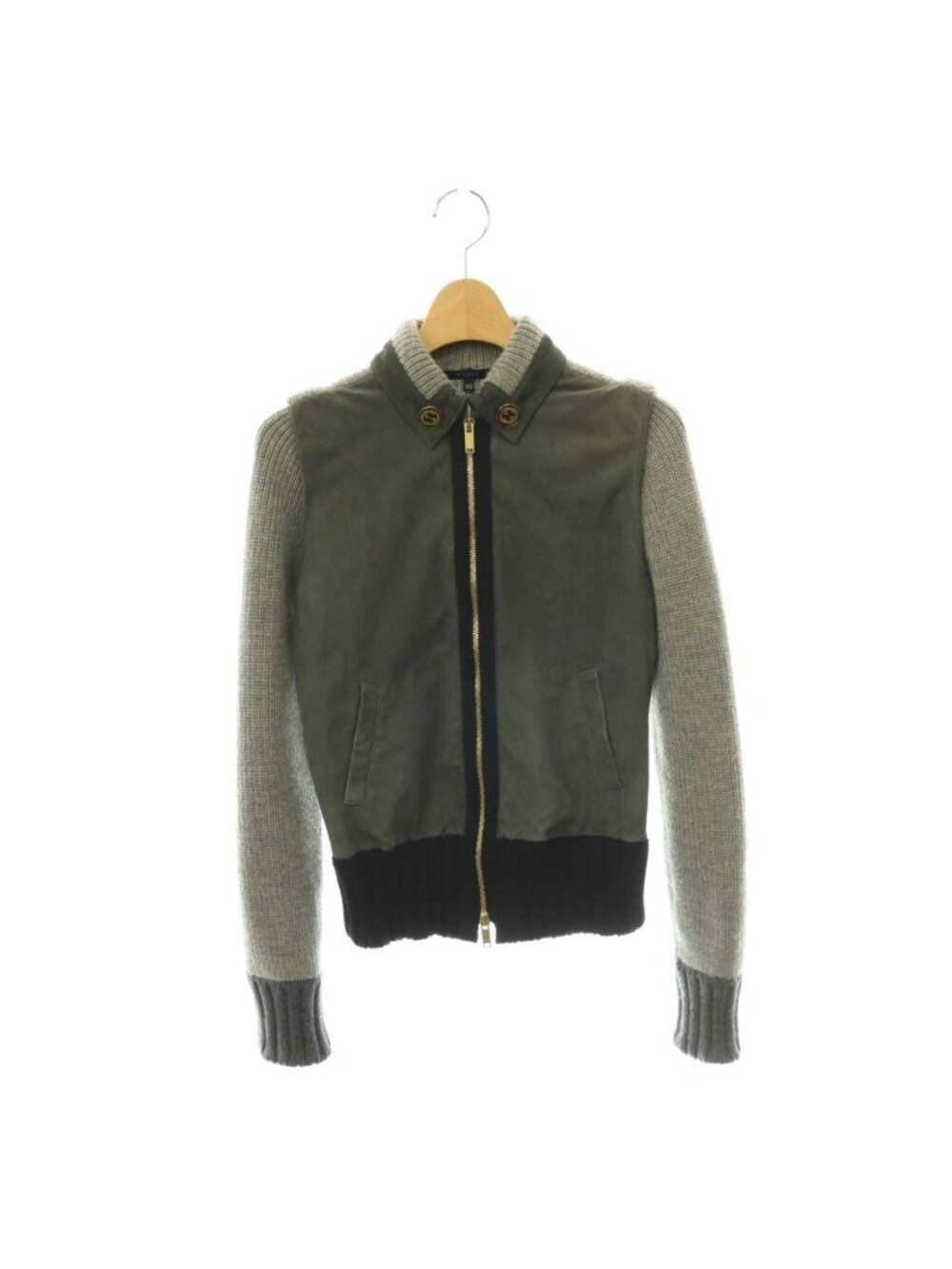 Gucci Jacket Sheep Leather Goat Knit Paneled Interlocking G Gray Charcoal XS